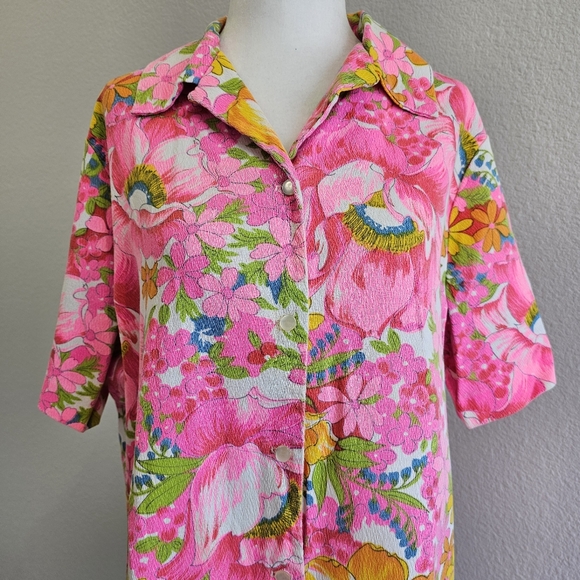 Vintage VTG Hamilton 8 Dallas Hot Pink Floral Button Down Top - Picture 3 of 12